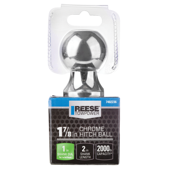 REESE Hitch Ball - Chrome, 1-7/8 Inch, 2000 lbs Capacity, Secure Tow REESE hitch ball in chrome finish with 1-7/8 inch diameter, suitable for secure trailer towing with 2000 lbs capacity