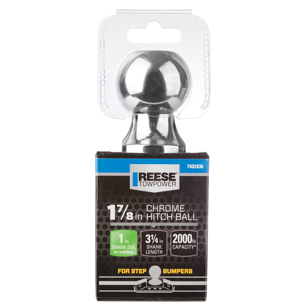 REESE Hitch Ball 1-7/8 Inch Diameter with Chrome Finish REESE hitch ball with 1-7/8 inch diameter and chrome finish for secure towing.