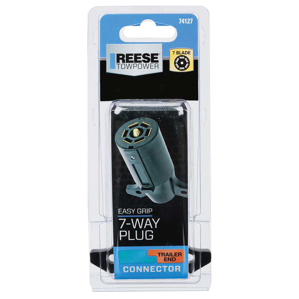 REESE Towpower 7-Way Blade Trailer End Connector for RVs REESE Towpower 7-Way blade trailer end connector featuring brass terminals and non-corrosive housing.