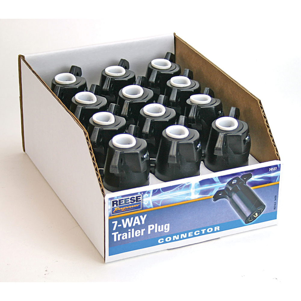 REESE Towpower 7-Way Blade Trailer End Connector for RVs REESE Towpower 7-Way blade trailer end connector featuring brass terminals and non-corrosive housing.