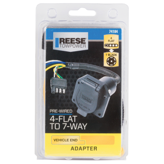 REESE Towpower Pre-Wired 7-Way and 4-Way Connector Adapter REESE Towpower 7-way connector adapter with pre-wired 4-flat and 7-round options