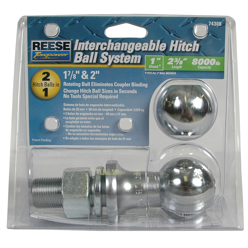 REESE Towpower Chrome Hitch Ball System with 1 In. Shank REESE Towpower interchangeable chrome hitch ball system with 1-7/8 In. and 2 In. hitch balls and 1 In. shank.