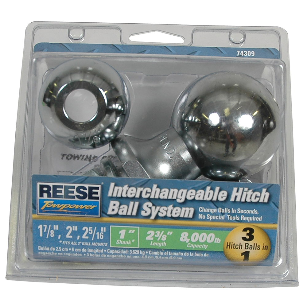 REESE chrome hitch ball system with three interchangeable sizes