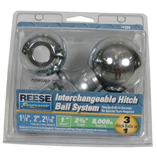 REESE Towpower Interchangeable Chrome Hitch Ball System REESE chrome hitch ball system with three interchangeable sizes