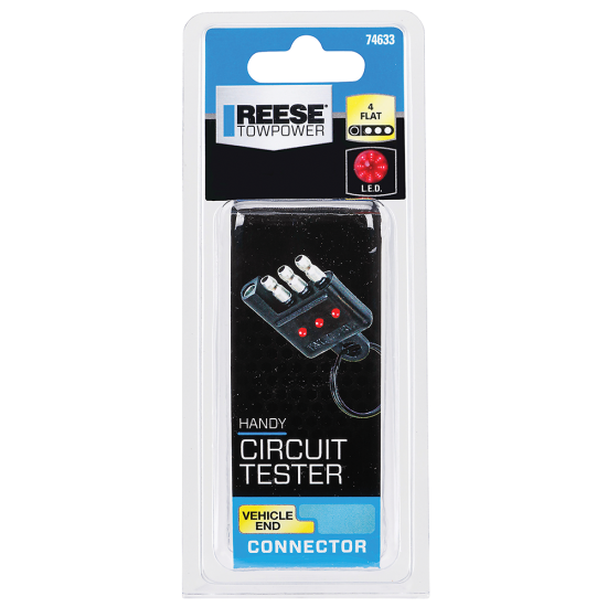 REESE Towpower electrical circuit tester connected to a vehicle's 4-flat connector.