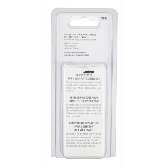 REESE Towpower electrical circuit tester connected to a vehicle's 4-flat connector.