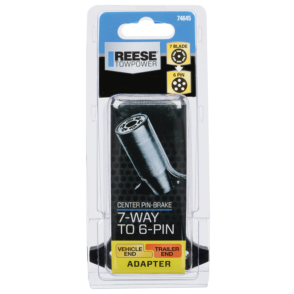 REESE Towpower Adapter 7-Way Blade to 6-Pin Trailer Connector REESE Towpower adapter converting 7-way blade connector to 6-pin trailer connector