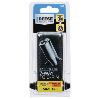REESE Towpower Adapter 7-Way Blade to 6-Pin Trailer Connector REESE Towpower adapter converting 7-way blade connector to 6-pin trailer connector