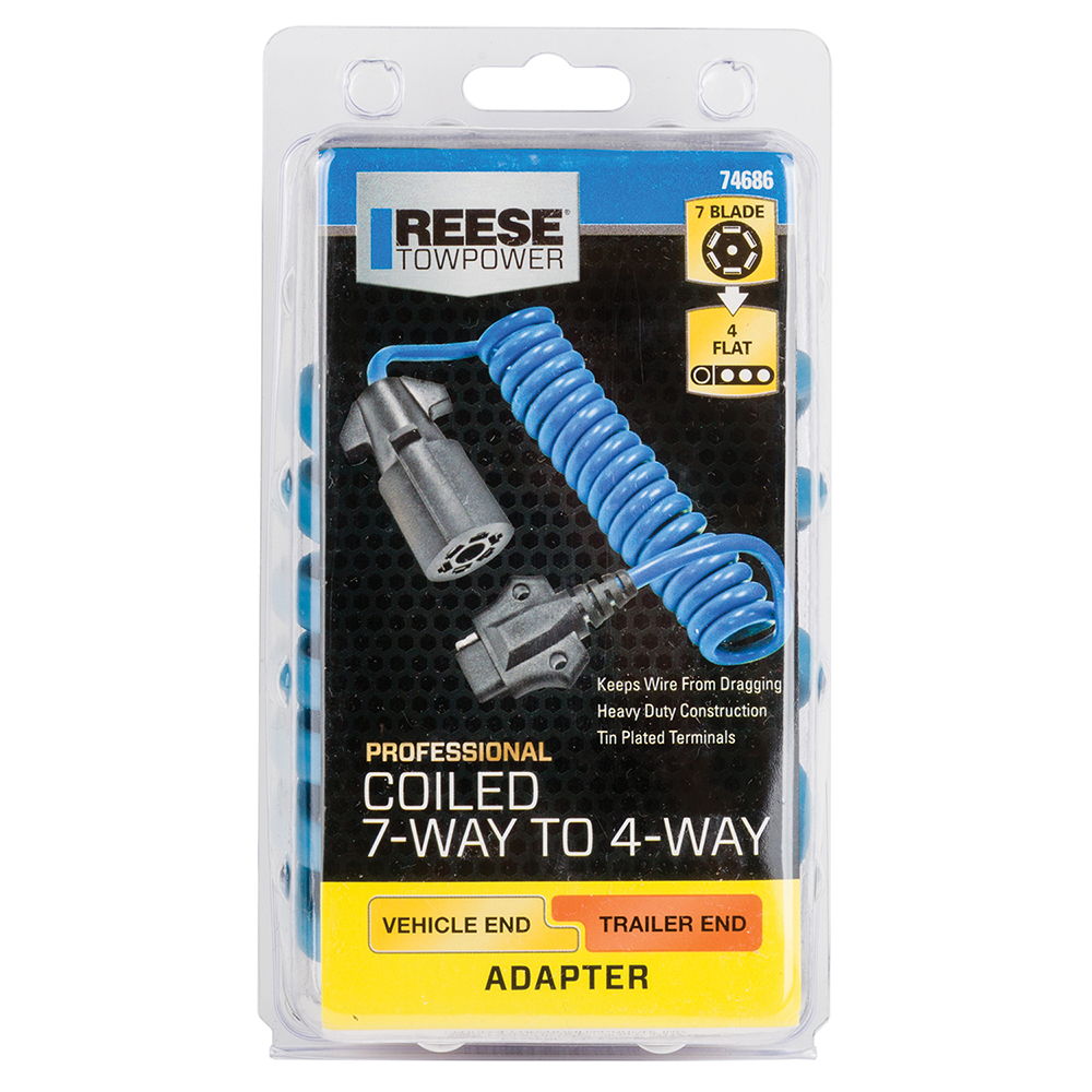 REESE Towpower blue coiled electrical adapter for 7-way to 4-way conversion