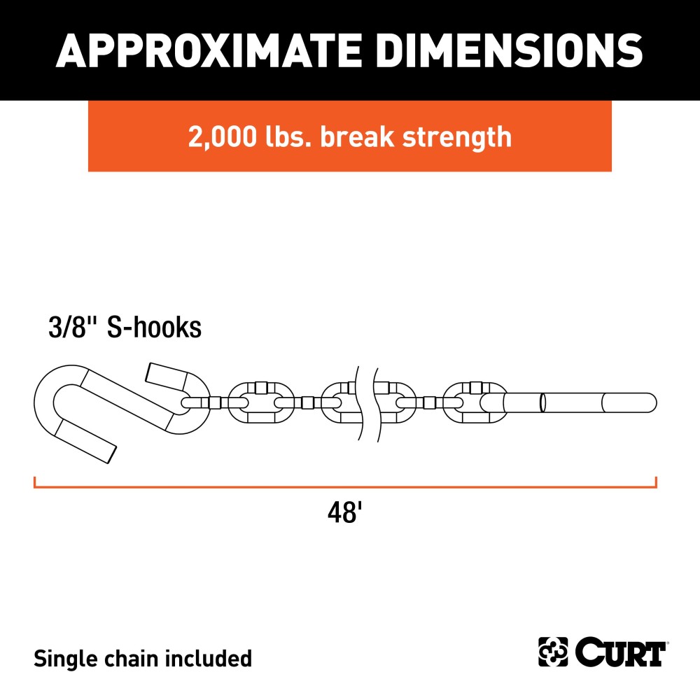 CURT Safety Chains with 2,000 lbs Capacity and S-Hooks CURT safety chain with zinc-plated finish and sturdy S-hooks, 48 inch length