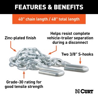 CURT Safety Chains with 2,000 lbs Capacity and S-Hooks CURT safety chain with zinc-plated finish and sturdy S-hooks, 48 inch length