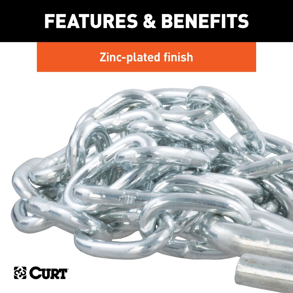 CURT Safety Chains with 2,000 lbs Capacity and S-Hooks CURT safety chain with zinc-plated finish and sturdy S-hooks, 48 inch length