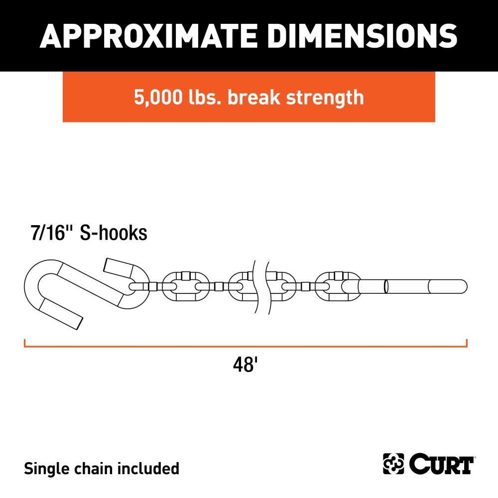 CURT safety chain with S-hooks, grade-30 steel, 48-inch length and 5000 lbs capacity