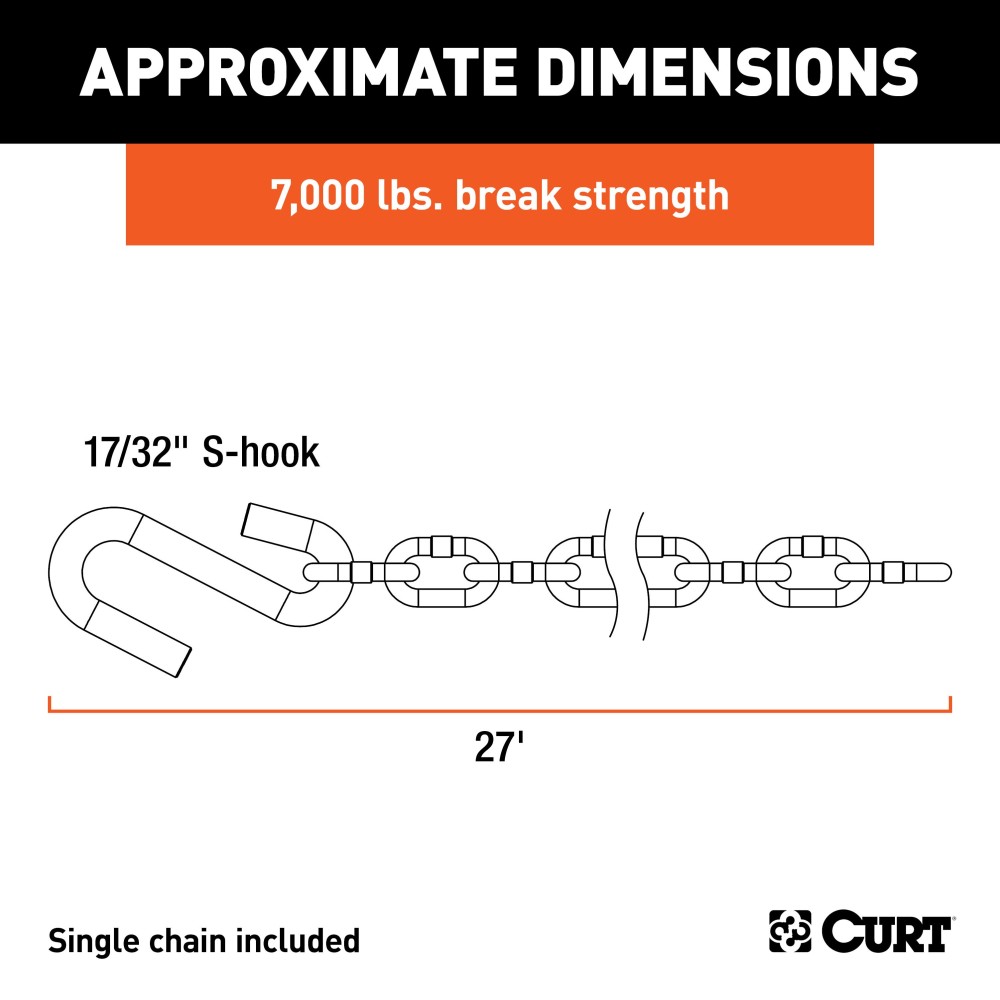 CURT Safety Chain with 7,000 lbs Capacity and S-Hook CURT Safety Chain featuring a 7,000 lbs capacity with attached S-hook for secure trailer towing
