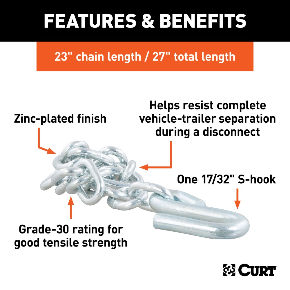 CURT Safety Chain with 7,000 lbs Capacity and S-Hook CURT Safety Chain featuring a 7,000 lbs capacity with attached S-hook for secure trailer towing