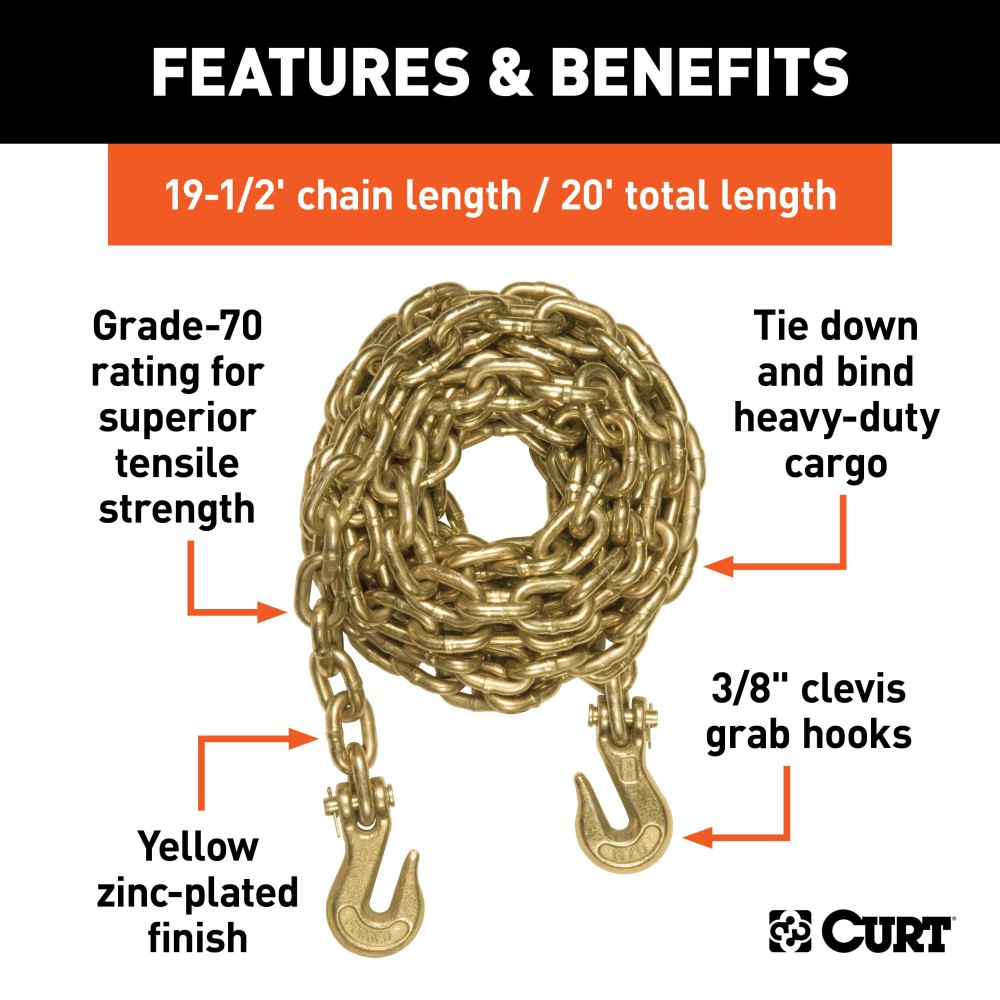 CURT Grade-70 Safety Chains with Clevis Hooks for Heavy-Duty Towing CURT safety chain featuring grade-70 steel, clevis hooks, and 26,400 lbs break force.