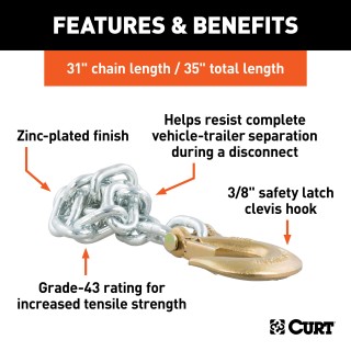 CURT Heavy-Duty Steel Safety Chains with Clevis Hook CURT heavy-duty steel safety chains featuring a clevis hook for secure trailer towing