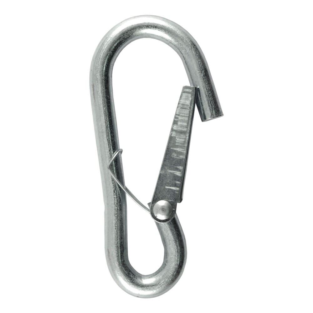 CURT Snap Hooks for Secure Trailer and Tow Vehicle Connection CURT snap hook with spring-loaded safety latch and zinc-plated finish for towing.