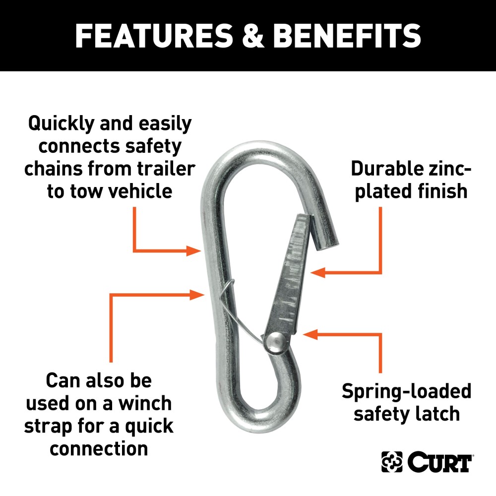 CURT Snap Hooks for Secure Trailer and Tow Vehicle Connection CURT snap hook with spring-loaded safety latch and zinc-plated finish for towing.