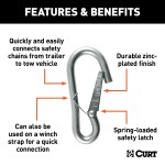 CURT Snap Hooks for Secure Trailer and Tow Vehicle Connection CURT snap hook with spring-loaded safety latch and zinc-plated finish for towing.