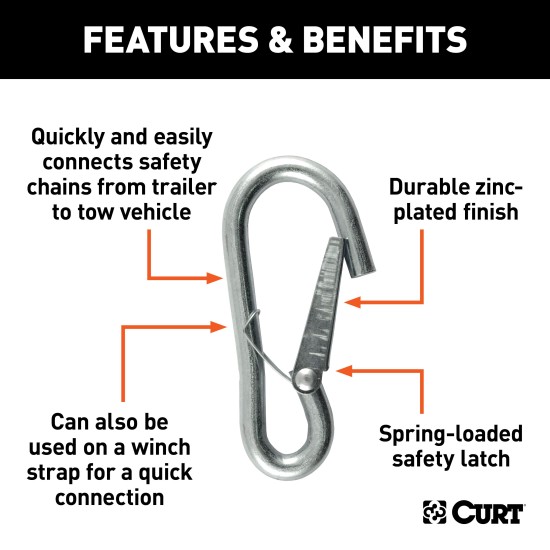 CURT Snap Hooks for Secure Trailer and Tow Vehicle Connection CURT snap hook with spring-loaded safety latch and zinc-plated finish for towing.