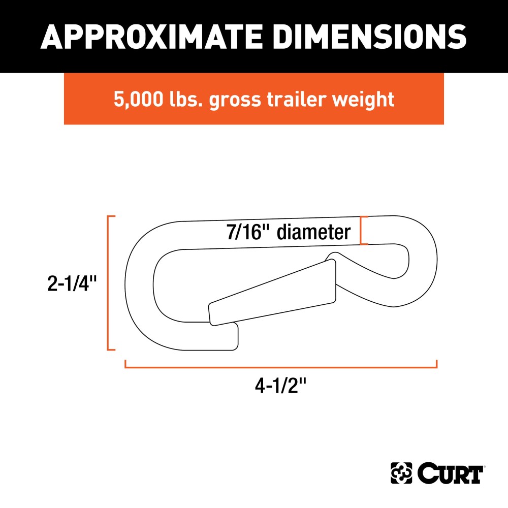 CURT 7/16-Inch Snap Hook for Safety Chains and Towing CURT snap hook with spring-loaded latch and zinc-plated finish for safe towing.