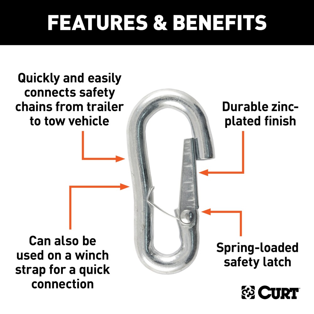 CURT 7/16-Inch Snap Hook for Safety Chains and Towing CURT snap hook with spring-loaded latch and zinc-plated finish for safe towing.
