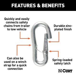 CURT 7/16-Inch Snap Hook for Safety Chains and Towing CURT snap hook with spring-loaded latch and zinc-plated finish for safe towing.