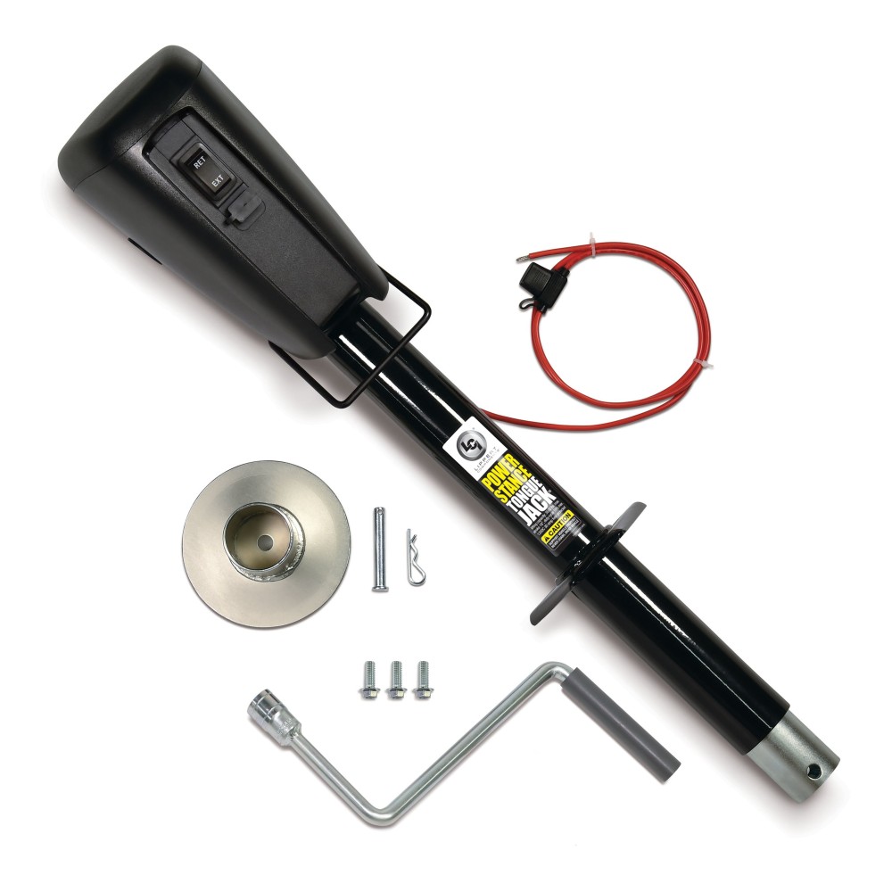 Lippert Power Stance Electric Tongue Jack with LED Lights Lippert Power Stance electric tongue jack with LED lights, 2-way to 7-way plug system, and durable design for camping trailers.