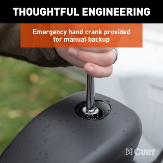 Lippert Power Stance electric tongue jack with LED lights, 2-way to 7-way plug system, and durable design for camping trailers.