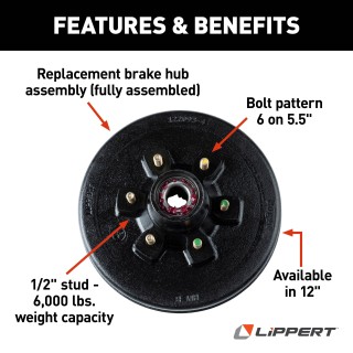 Lippert Brake Drum Hub Assembly with 6 on 5.5 bolt pattern for 6000 lbs axle