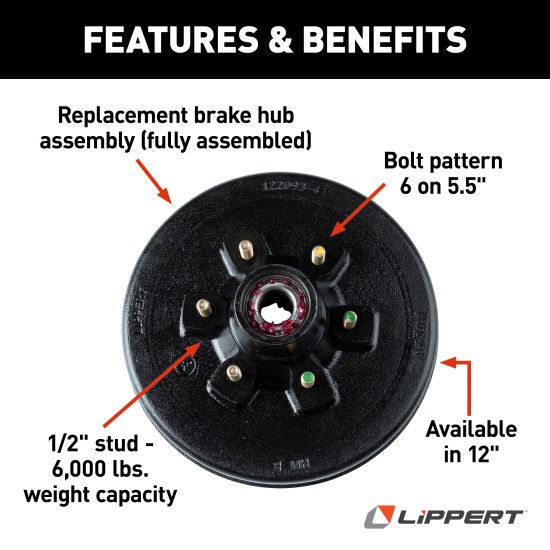 Lippert Brake Hub Assembly for 6,000-lb Axles with 6 on 5.5 Bolt Pattern Lippert Brake Drum Hub Assembly with 6 on 5.5 bolt pattern for 6000 lbs axle