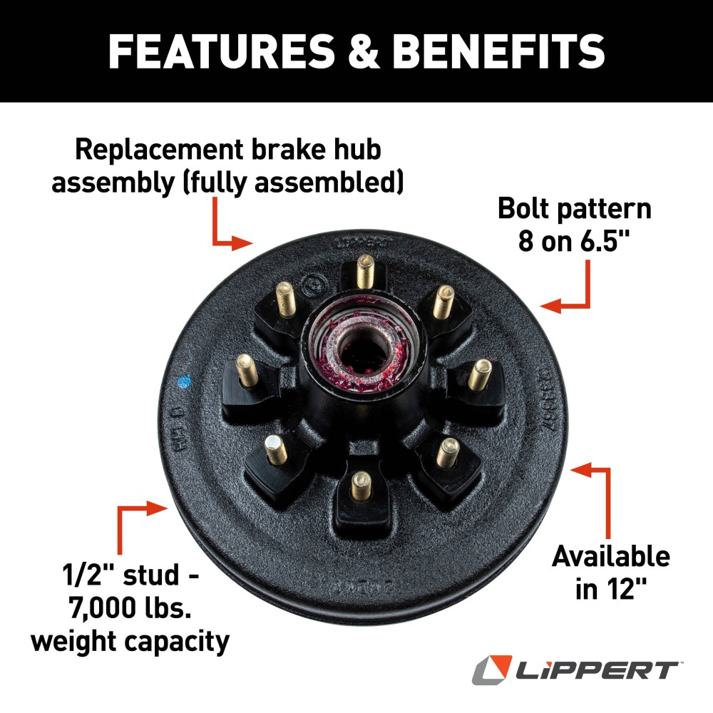 Lippert Brake Drum Hub Assembly for 7,000 lb Axle Lippert brake drum hub assembly fits 7,000-lb axle with 8 on 6.5" bolt pattern