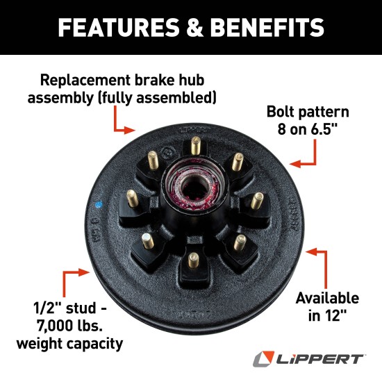 Lippert Brake Drum Hub Assembly for 7,000 lb Axle Lippert brake drum hub assembly fits 7,000-lb axle with 8 on 6.5" bolt pattern