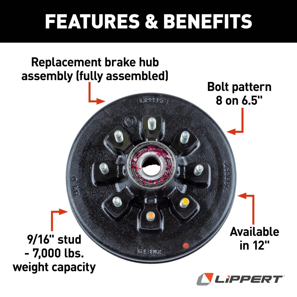 Lippert brake drum hub assembly for 7,000-lb axle with 8 on 6.5 bolt pattern