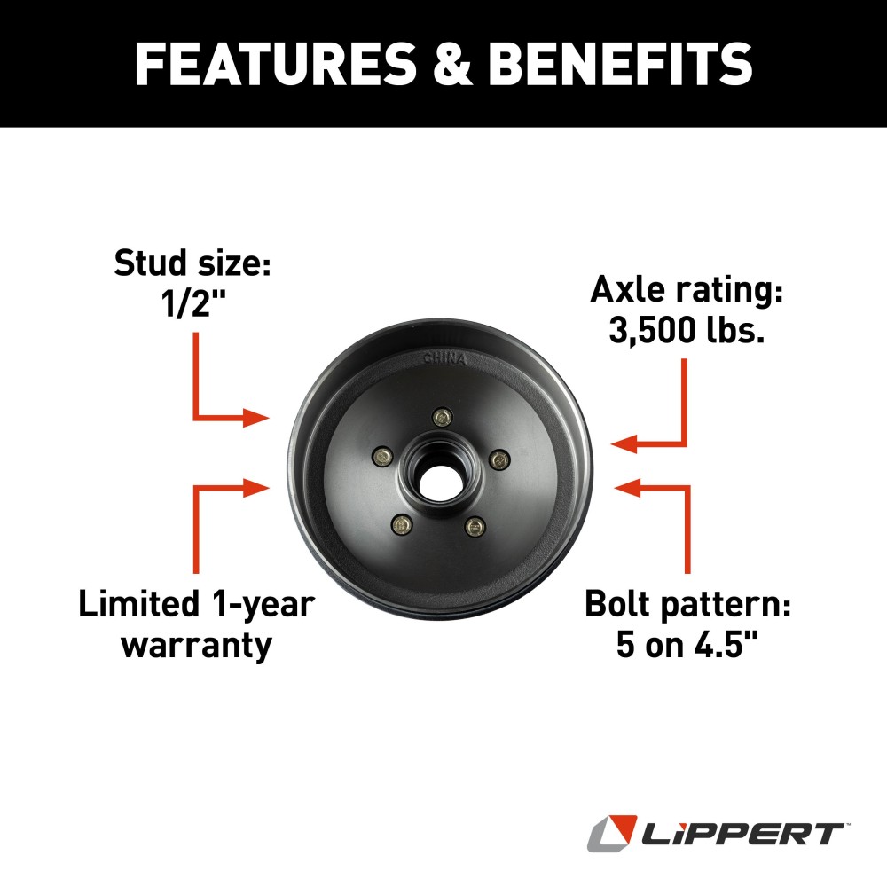 Lippert Brake Drum Hub Assembly for 3,500-lb Axle Lippert brake drum hub assembly with 5 on 4.5 inch bolt pattern for 3,500 lbs axle