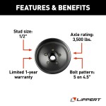 Lippert Brake Drum Hub Assembly for 3,500-lb Axle Lippert brake drum hub assembly with 5 on 4.5 inch bolt pattern for 3,500 lbs axle