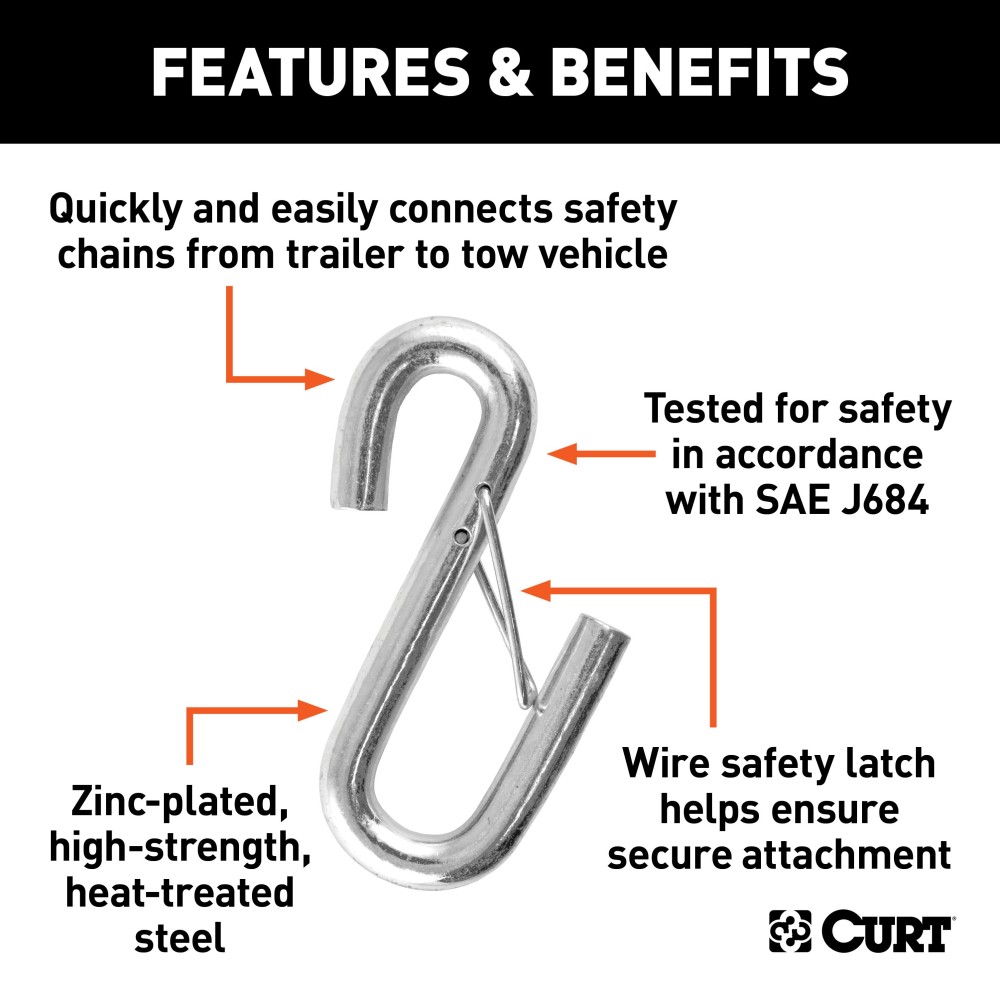 CURT S-Hook with Spring Latch for Safe Towing - 5,000 lbs Capacity CURT S-hook with spring-loaded safety latch, 5,000 lbs capacity, zinc finish