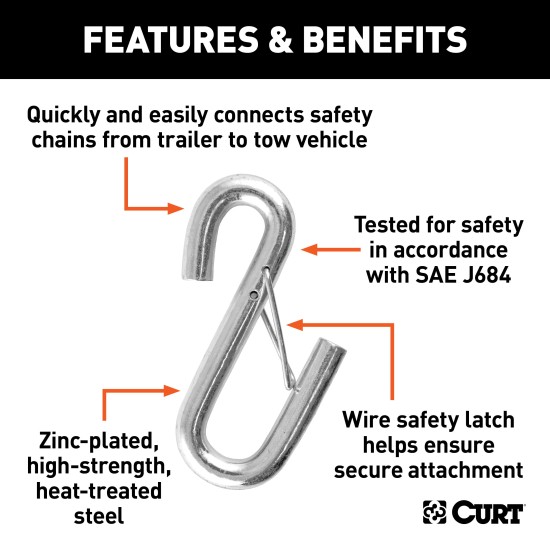 CURT S-Hook with Spring Latch for Safe Towing - 5,000 lbs Capacity CURT S-hook with spring-loaded safety latch, 5,000 lbs capacity, zinc finish