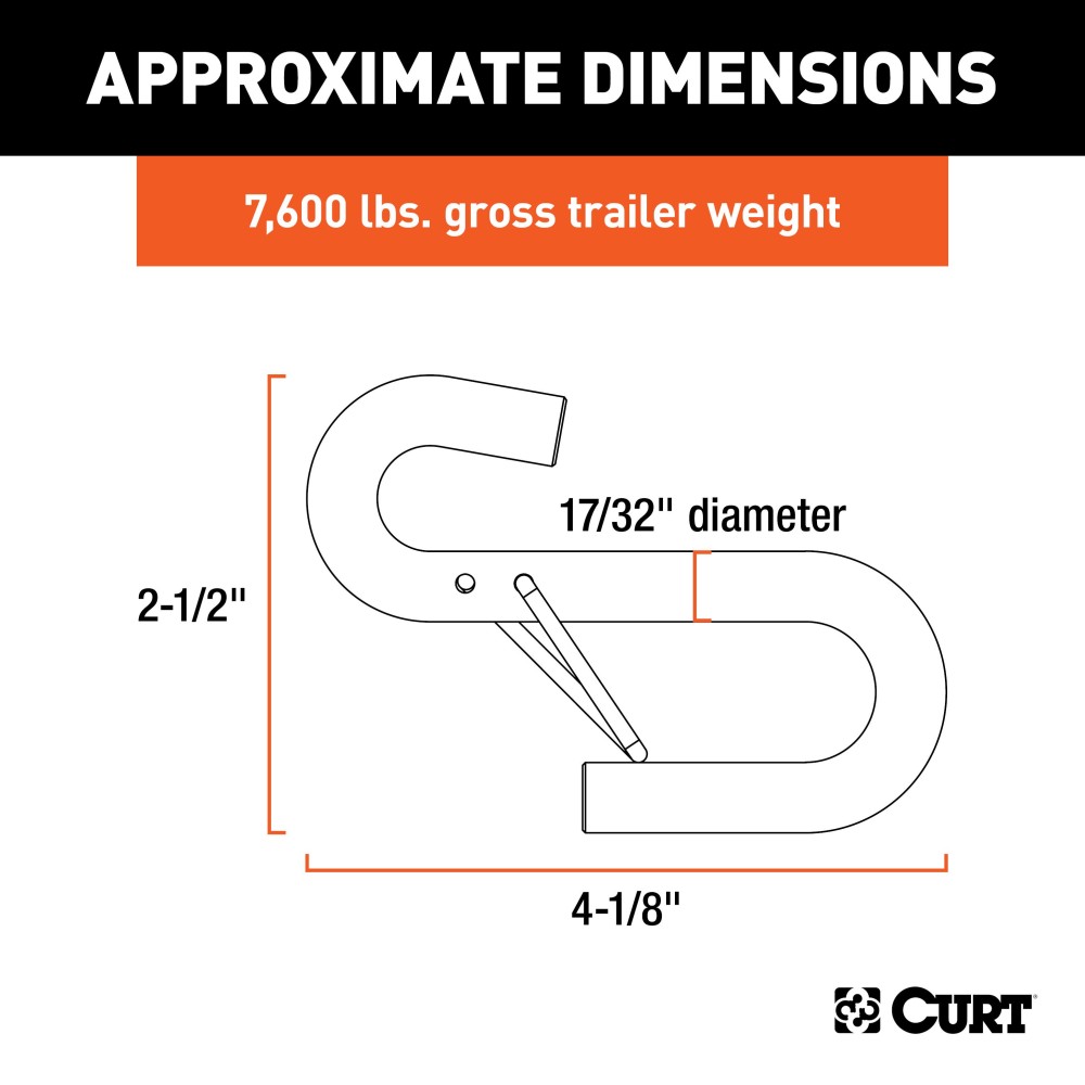 CURT Certified S-Hook for Towing Safety Chains with Safety Latch CURT certified S-hook featuring a safety latch and zinc-plated finish for connecting safety chains to tow vehicles securely.