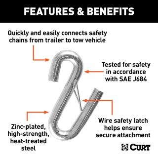 CURT Certified S-Hook for Towing Safety Chains with Safety Latch CURT certified S-hook featuring a safety latch and zinc-plated finish for connecting safety chains to tow vehicles securely.