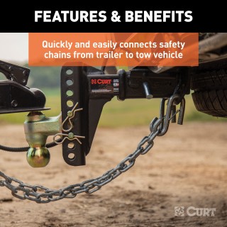 CURT Certified S-Hook for Towing Safety Chains with Safety Latch CURT certified S-hook featuring a safety latch and zinc-plated finish for connecting safety chains to tow vehicles securely.