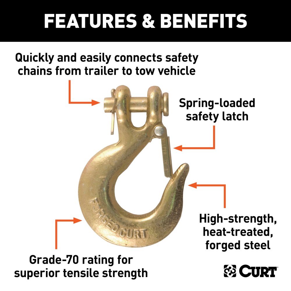 CURT Clevis Hook with Safety Latch for Secure Heavy-Duty Towing CURT clevis hook with a safety latch and zinc finish for secure towing