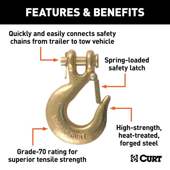 CURT Clevis Hook with Safety Latch for Secure Heavy-Duty Towing CURT clevis hook with a safety latch and zinc finish for secure towing
