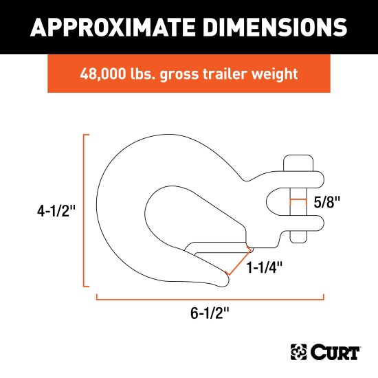 CURT Clevis Hook with 48,000 lbs Capacity and Zinc Finish CURT clevis hook with yellow zinc finish, 1-1/4 inch, 48,000 lbs capacity, secure safety latch