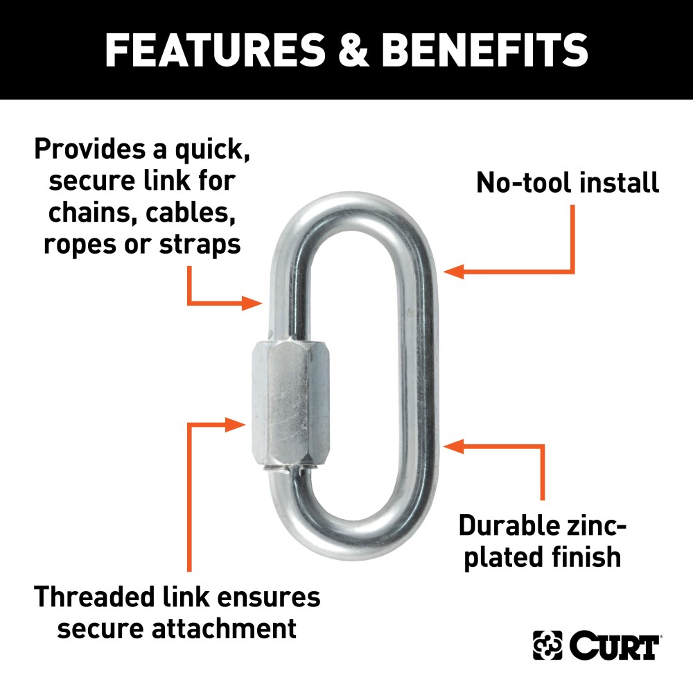 CURT Quick Links - Versatile, Secure Zinc-Plated Connectors CURT quick link with a 3/8-inch diameter and zinc-plated finish for towing and versatile applications.