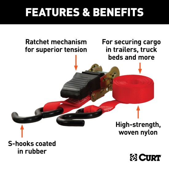 CURT Cargo Straps 10' Long with Rubber-Coated S-Hooks Red CURT cargo straps with ratchet mechanism and rubber-coated S-hooks for secure towing