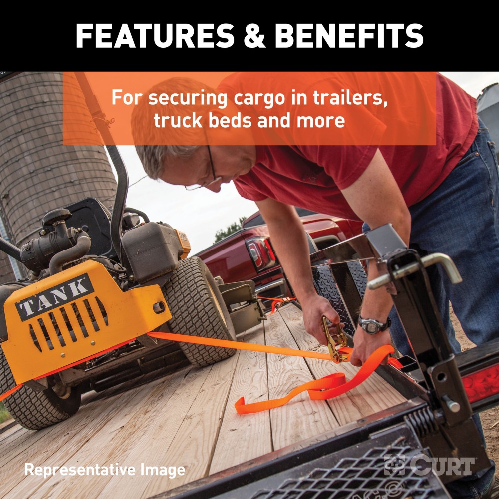 Red CURT cargo straps with ratchet mechanism and rubber-coated S-hooks for secure towing