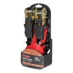 Red CURT cargo straps with ratchet mechanism and rubber-coated S-hooks for secure towing