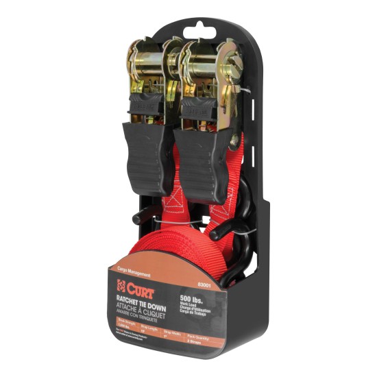 CURT Cargo Straps 10' Long with Rubber-Coated S-Hooks Red CURT cargo straps with ratchet mechanism and rubber-coated S-hooks for secure towing